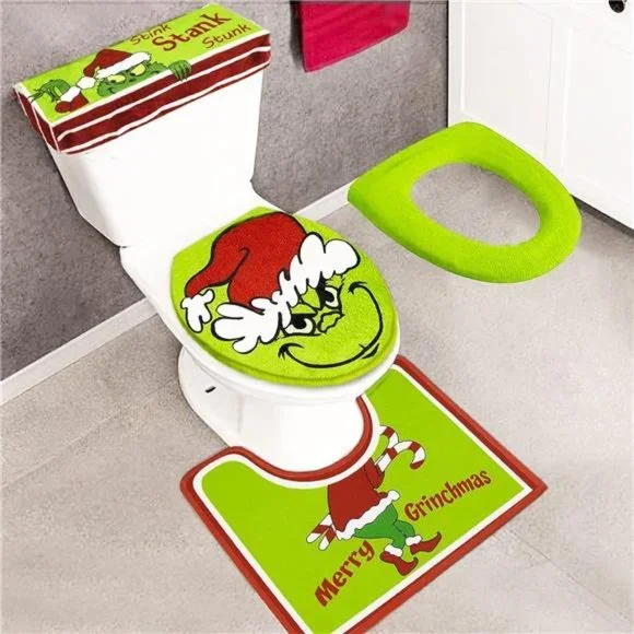 Set of 4 Grinch Decor Toilet Seat Cover and Rug for Indoor Home Red - Green